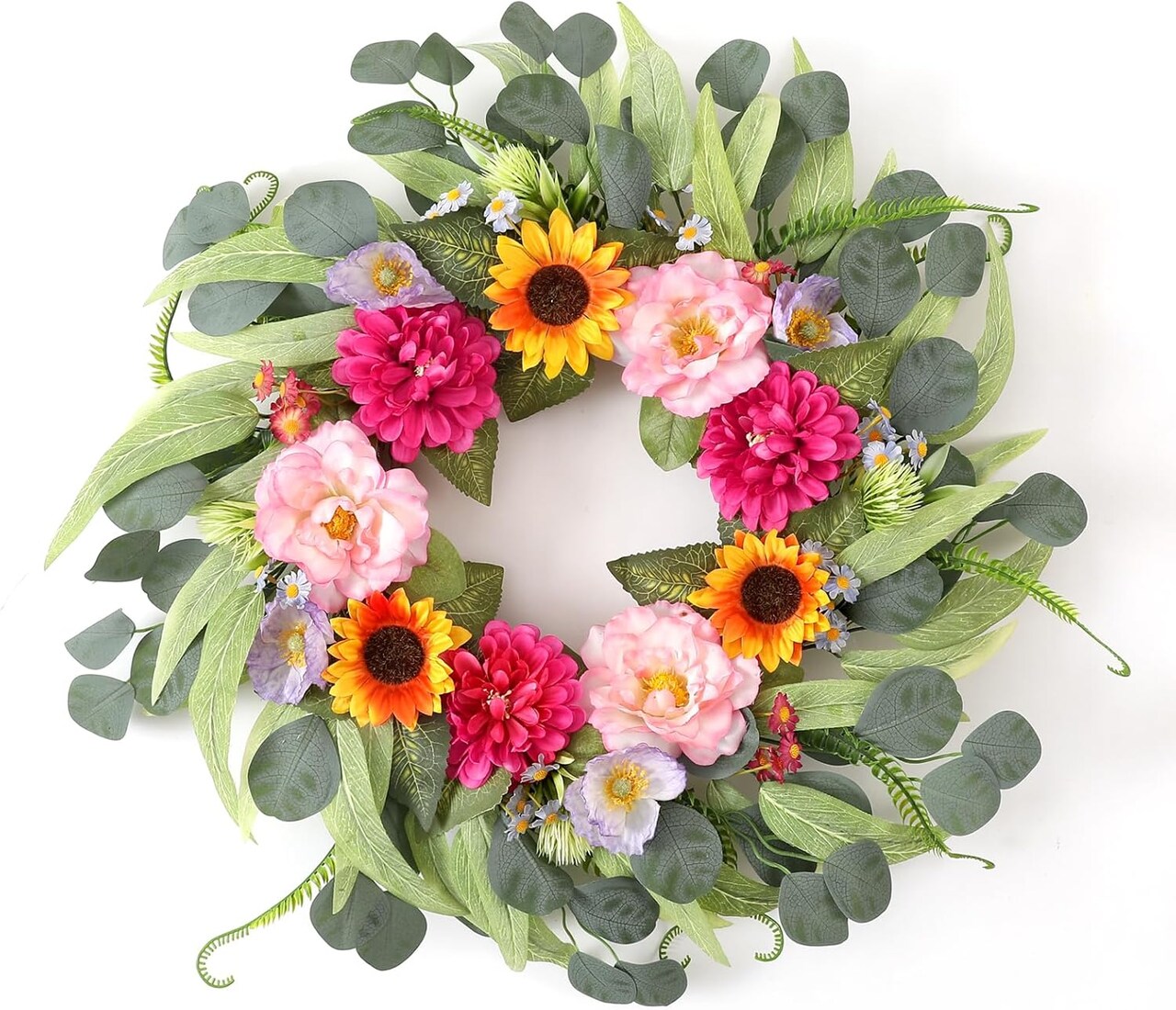 24-Inch Artificial Peony, Dahlia & Sunflower Spring Wreath – Front Door Floral Wreath with Poppy, Chamomile & Eucalyptus for Indoor/Outdoor Farmhouse Home Decor